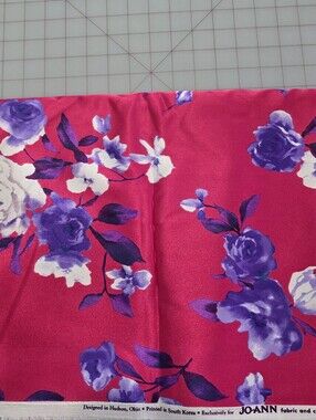 Bright Pink with Purple Roses Satin Fabric